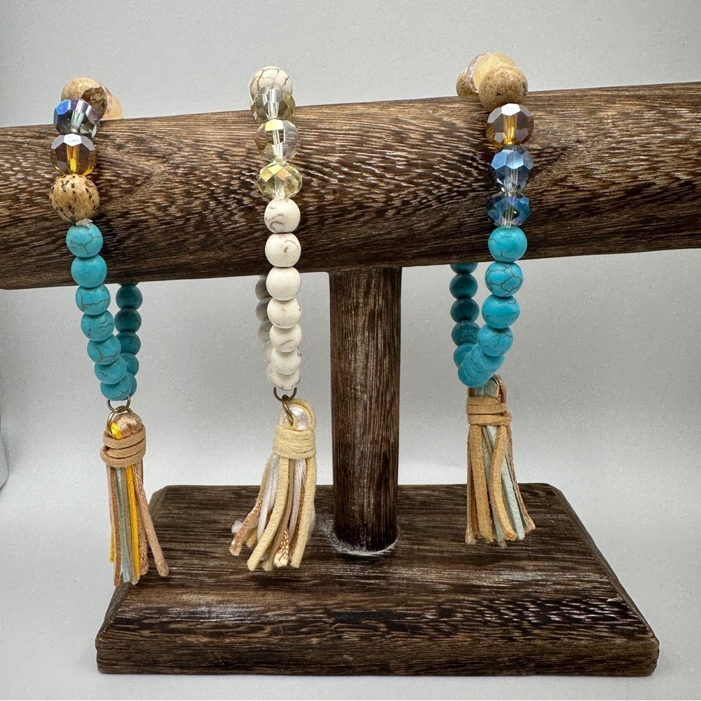Twilight Gypsy Collective Beaded turquoise White stretch bracelets Boho tassels